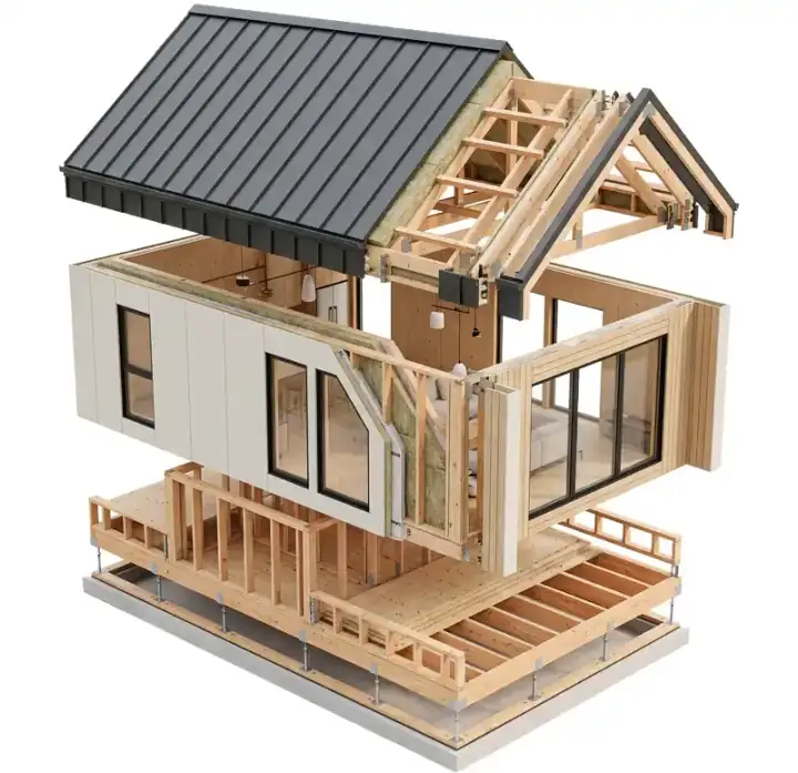 Animated exploded view of a house showing construction layers — foundation, framing, insulation, and roofing